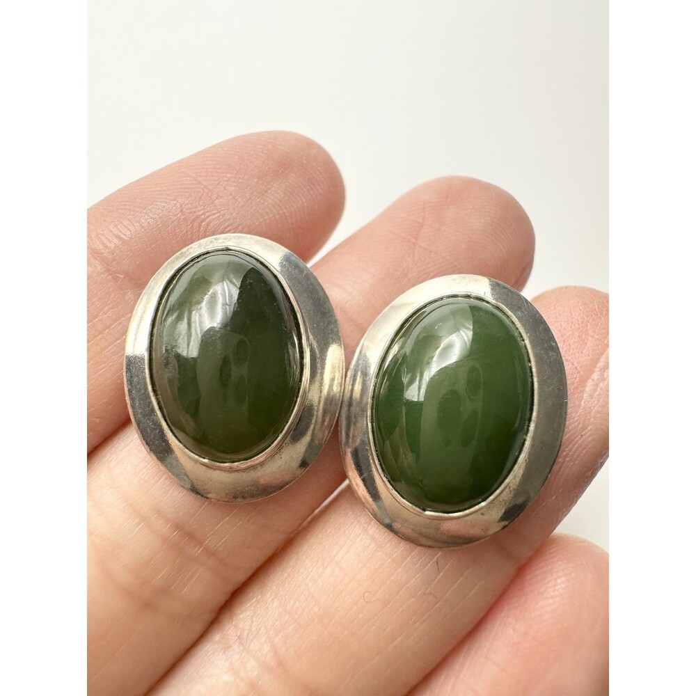 Vintage Sterling Silver Oval Nephrite Jade Post Earrings